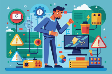 A man engages with various tech components and displays, addressing a system issue in an office setting, man experiences system error