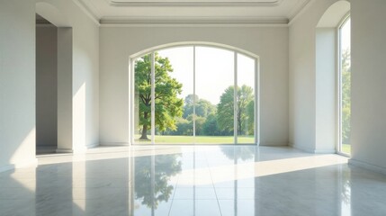 Bright, sunlit, minimalist interior room with expansive arched windows showcasing a tranquil park-like landscape beyond