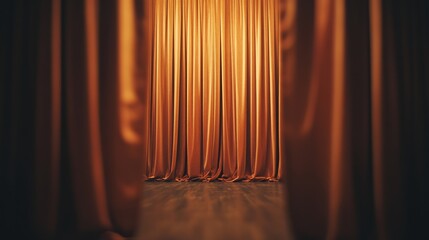 Luxurious golden curtains drop gracefully, enveloping the stage in anticipation of the artistry behind.
