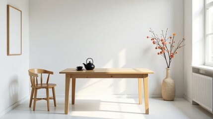 Minimalist interior scene featuring a light wood dining table, a simple wooden chair, a black teapot and cup, and a vase of artificial flowers against a bright white wall