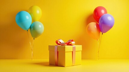 A vibrant yellow gift box adorned with a delicate pink ribbon, encircled by cheerful colorful balloons against a sunny yellow backdrop, symbolizing celebration and joy.