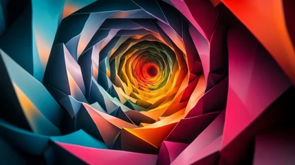 A colorful, intricate spiral illusion formed from various geometric shapes, fading from one color to another © Aisha