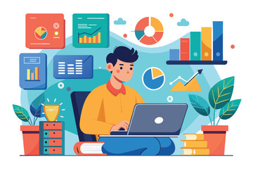 Fototapeta premium A man is focused on data analysis using a laptop with various charts and graphs displayed around him, man growth data analysis