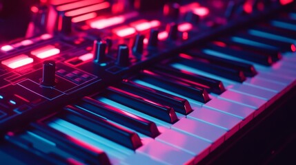 Neon-lit electric synthesizer captures a futuristic vibe with its glowing keys and buttons, evoking a sense of modern music and creativity.