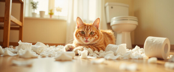 Obraz na płótnie Canvas Playful cat exploring scattered toilet paper in tidy bathroom, fun chaos