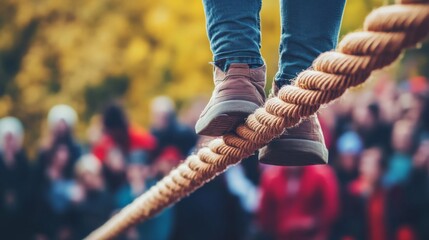 A close-up of boot-clad feet on a taut rope, illustrating concentration and precision amid a vibrant crowd.