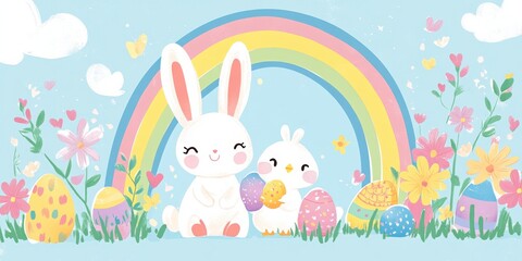 Cute bunny and chick holding easter eggs in colorful spring garden with rainbow