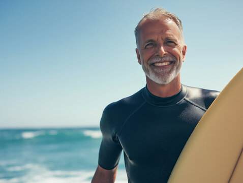 Happy surfer holding surfboard smiling at beach on sunny day - Powered by Adobe