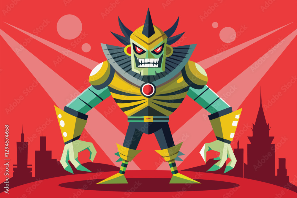 Poster a large, menacing character with exaggerated features stands confidently against a colorful backgrou