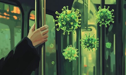 Person holding bar amid airborne virus particles on transport.