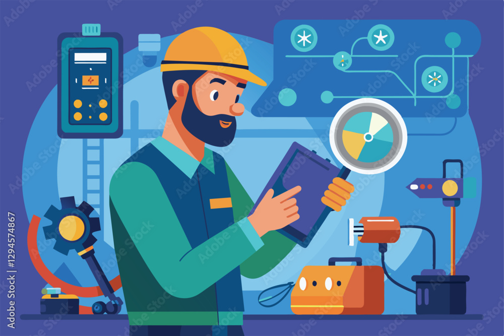 Poster a technician is assessing a device on a tablet while surrounded by various tools in a workshop, man 