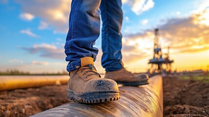 Worker's boots stand on pipeline, oil rig in background at sunset.