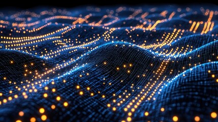 Digital wave data flow, glowing particles, dark background, tech concept