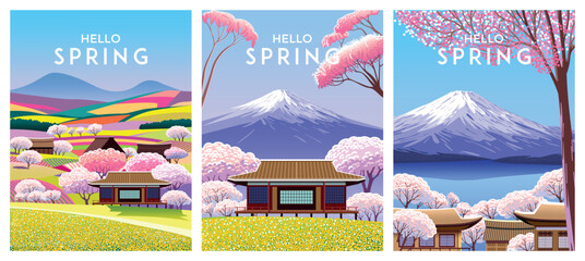 Hello, spring! Set of Springtime's posters or banners. Vector illustration of nature, landscape, sakura or cherry blossom, park, trees, japenese cottages, mountains, fields and lawns. © alaver