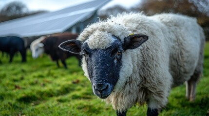 Sheep Grazing in Field with Solar Panels in the Background