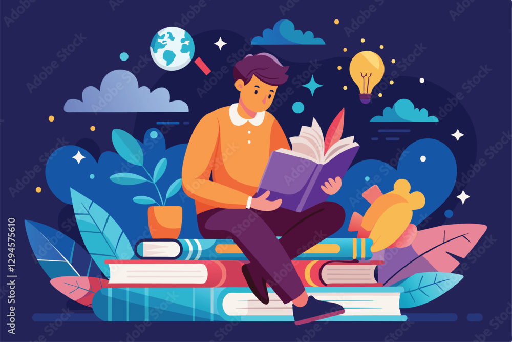 Aufkleber a young man is deeply engrossed in reading a book while comfortably seated on a pile of colorful boo