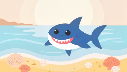 Naklejka premium Cheerful baby shark swimming near sandy seafloor, playful joy