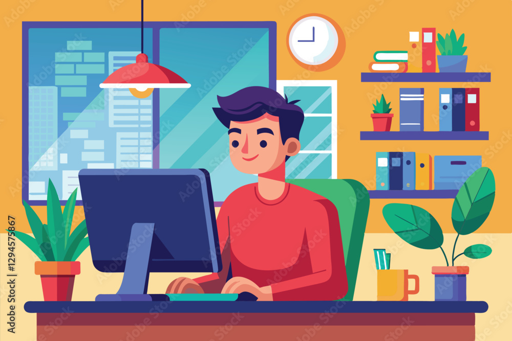 Poster a man sits at a computer in a colorful home office, focused on his work as sunlight streams through 
