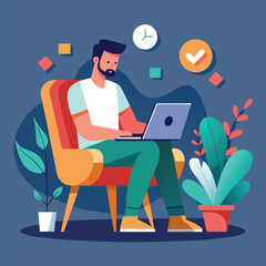 a boy is using his laptop vector	