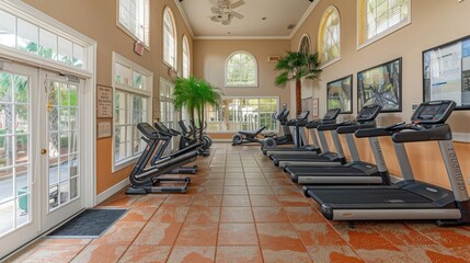 Fototapeta premium Spacious fitness center features modern equipment and natural light for energizing workouts