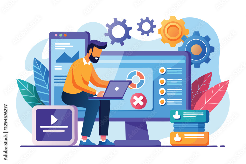Poster a man is focused on his laptop, reviewing the operating system and website layout in a creative offi