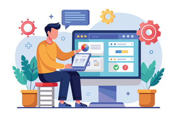 A man sits on a stool using a laptop to observe a website's operating system while focused and engaged, man looking at the operating system on a website, web maintenance