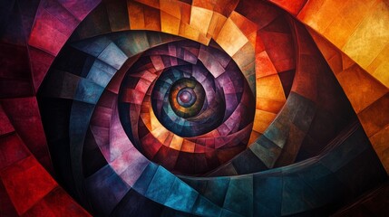 Fototapeta premium A geometric spiral, with layers of cubes, triangles, and circles in vibrant hues, giving the illusion of infinite depth
