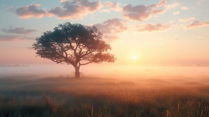 Obraz premium Sunrise over a misty field with a solitary tree in calm morning light