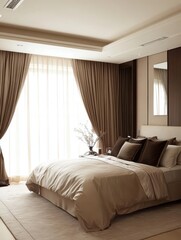 Fototapeta premium A modern interior bedroom with a beige theme and curtains