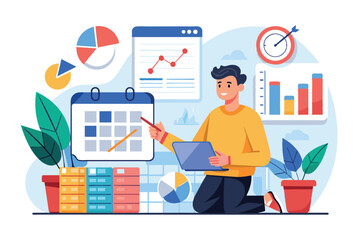 A man kneels while preparing his monthly report using a laptop surrounded by charts and graphs, man prepares monthly report,with elements calendar arrows charts