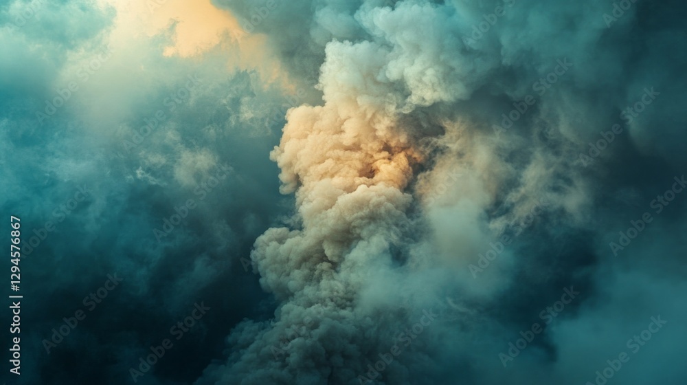 Poster as twilight approaches, thick clouds swirl in a mesmerizing dance, illuminated by soft hues of orang