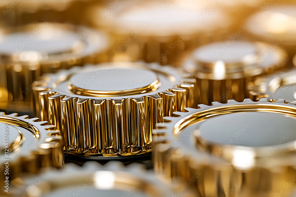 Poster intricate gold and white interlocking gears symbolize precision and innovation. a powerful visual me