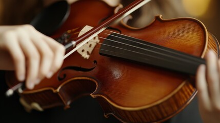 Naklejka premium A musician skillfully plays a violin, capturing the focus and emotion through the delicate hands and polished wood, surrounded by a warm glow.