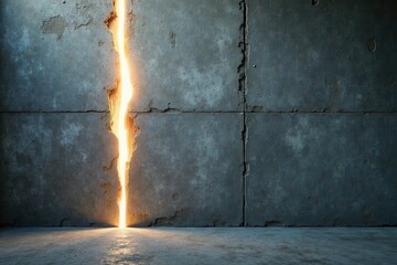 Illuminated Fissure in Weathered Concrete Wall A Glowing Crack Reveals Inner Light