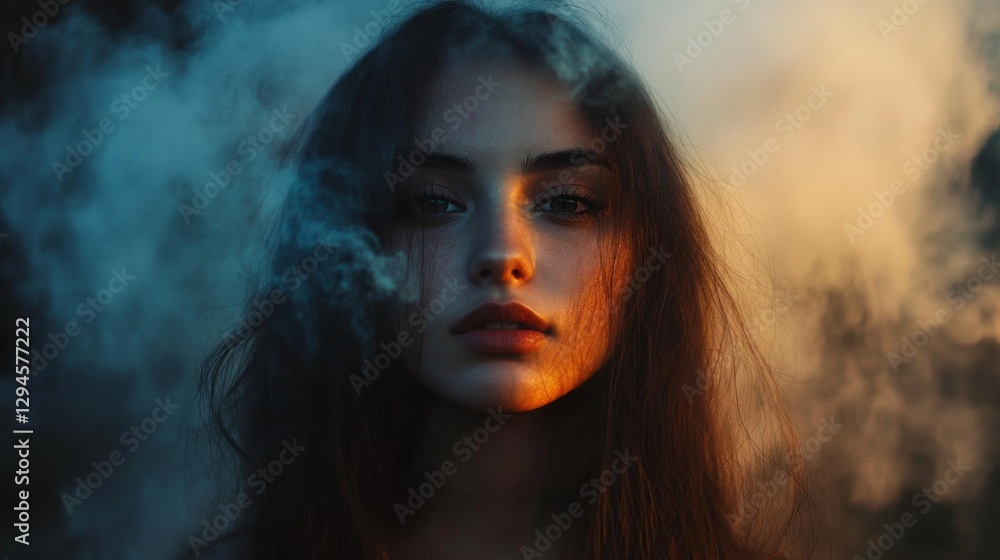 Poster soft wisps of smoke envelop a woman's face, highlighting her striking features and deep gaze. the tw