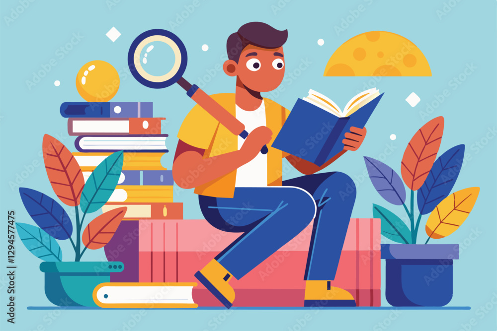 Poster a man intently reads a guidebook using a magnifying glass while surrounded by vibrant plants, man re