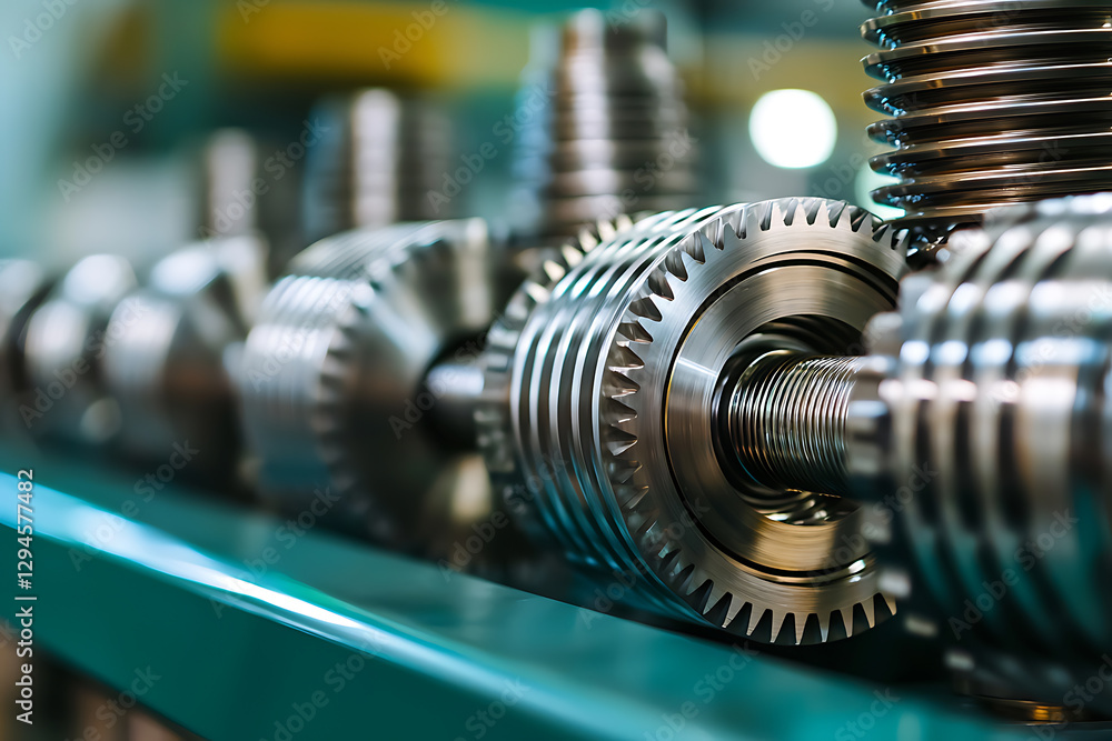 Poster precision engineered metal gears and shafts arranged on a surface showcasing mechanical components. 