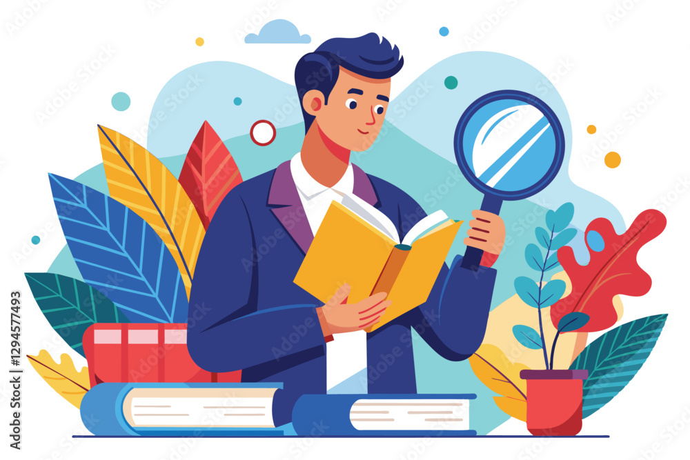 Poster a man is intently reading a guidebook with a magnifying glass, surrounded by colorful foliage and bo