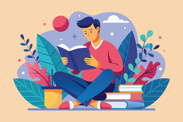 Fototapeta premium A young man sits comfortably on the ground reading a book, surrounded by vibrant greenery and books, Man reading Customizable Semi Flat Illustration
