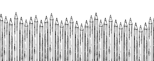 Hand drawn vector illustration of a seamless pencil border. Vintage black and white engraving style, perfect for stationery, school, and office supply designs. Isolated sketch