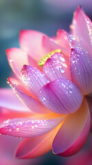 Fototapeta premium A close-up of the delicate petals and dewdrops on an open lotus flower 