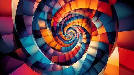 Obraz premium A modern graphic design featuring an abstract spiral illusion formed by squares, circles, and triangles in vivid hues 