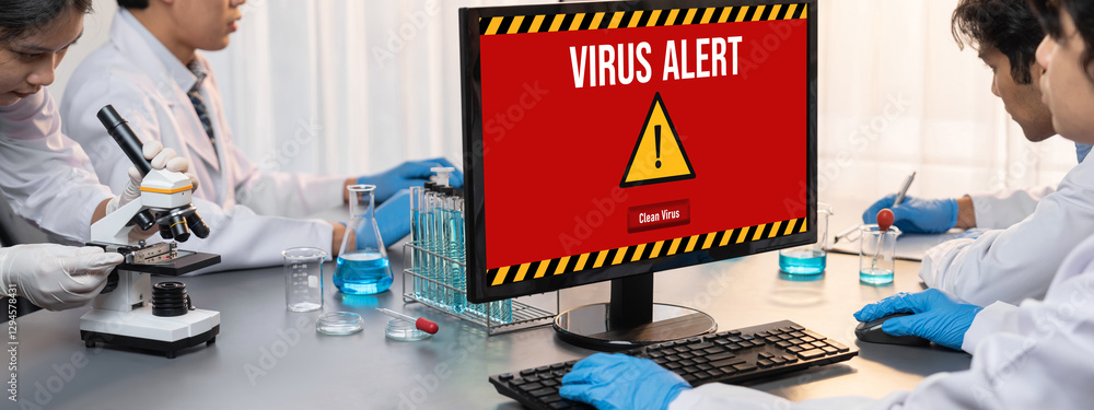 Poster virus warning alert on computer screen detected brisk cyber threat , hacker, computer virus and malw