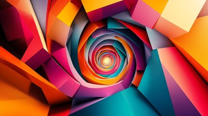 Obraz premium A modern graphic design featuring an abstract spiral illusion formed by squares, circles, and triangles in vivid hues 