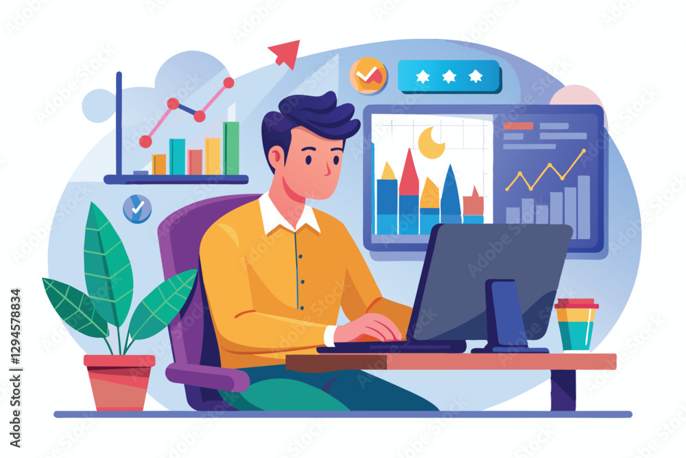 Poster the man focuses on analyzing trading trends using charts and data on his computer in a bright worksp