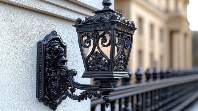 Elegant black wall lamp, ornate design, city building background, exterior lighting