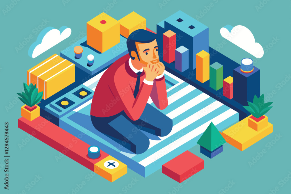 Aufkleber a man sits on a patterned surface, deep in thought, amidst vibrant shapes and charts symbolizing con