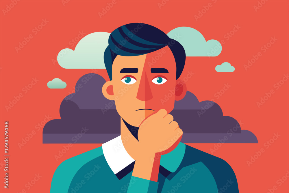 Aufkleber a man is deep in thought, pondering concepts with a vivid backdrop of clouds around him, man thinkin