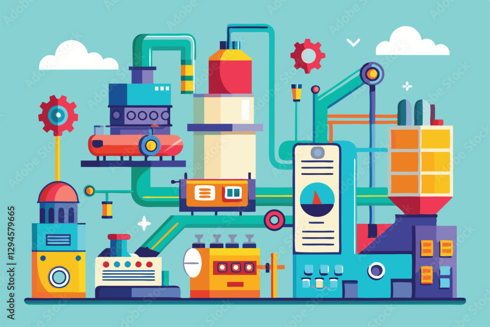 Poster a colorful illustration showing a customizable manufacturing process with various machines and pipes