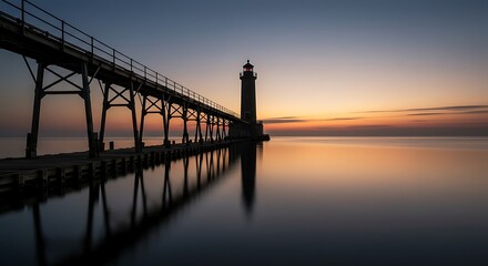 Fototapeta premium Picturesque Lighthouse and Pier at Sunset Reflecting on Calm Water